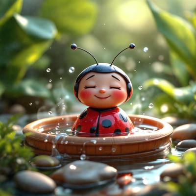 The primary subject of the image is a small, cute, and colorful ladybug figurine. It is sitting in a bowl of water, which is placed on a rock. The setting is a natural environment with plants and water, creating a serene and peaceful atmosphere. The visual style of the image is a combination of photo and digital art, giving it a unique and creative appearance. The colors and mood of the image are predominantly green and calming, with the ladybug figurine being the focal point